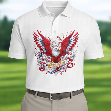 US Bald Eagle Embroidery Effect Patriotic Golf Shirt, 4th Of July Golf Shirt, 250th Anniversary Polo Shirts For Men
