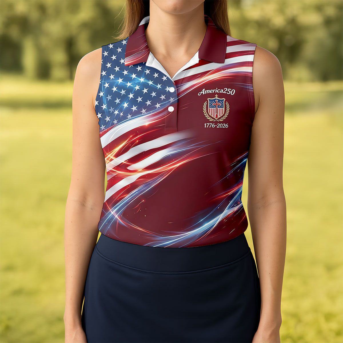America 250 Light Effect American Flag Golf Shirt, Patriotic 4th Of July Golf Shirt For Women