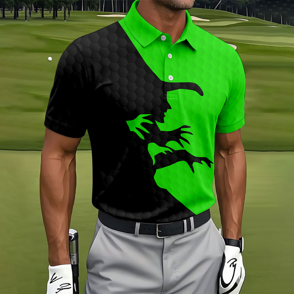 T-Rex Silhouette Halloween Golf Polo Shirt, Mens Golf Apparel, Hawaiian Golf Shirt
