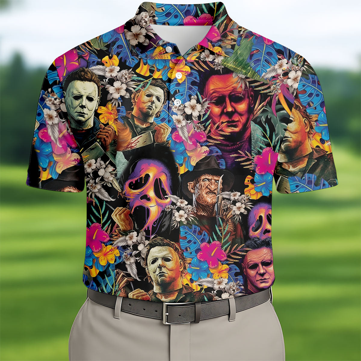 Tropical Horror Character Hawaiian Golf Shirt, Mens Golf Polo, Halloween Golf Apparel