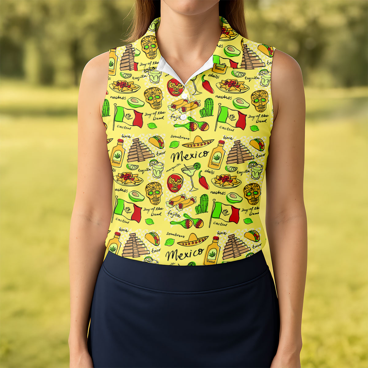 Mexican Cultural Symbols Day Of The Dead Ladies Golf Tops, Cinco De Mayo Celebration Golf Shirt For Women