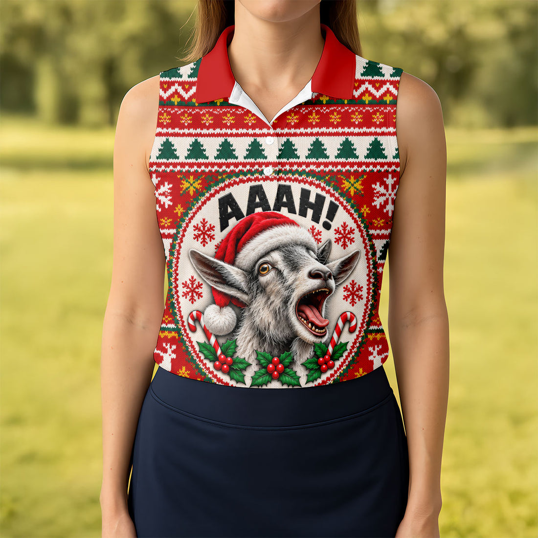 Funny Screaming Goat Christmas Golf Shirt, Ladies Golf Shirts, Golf Tops For Women