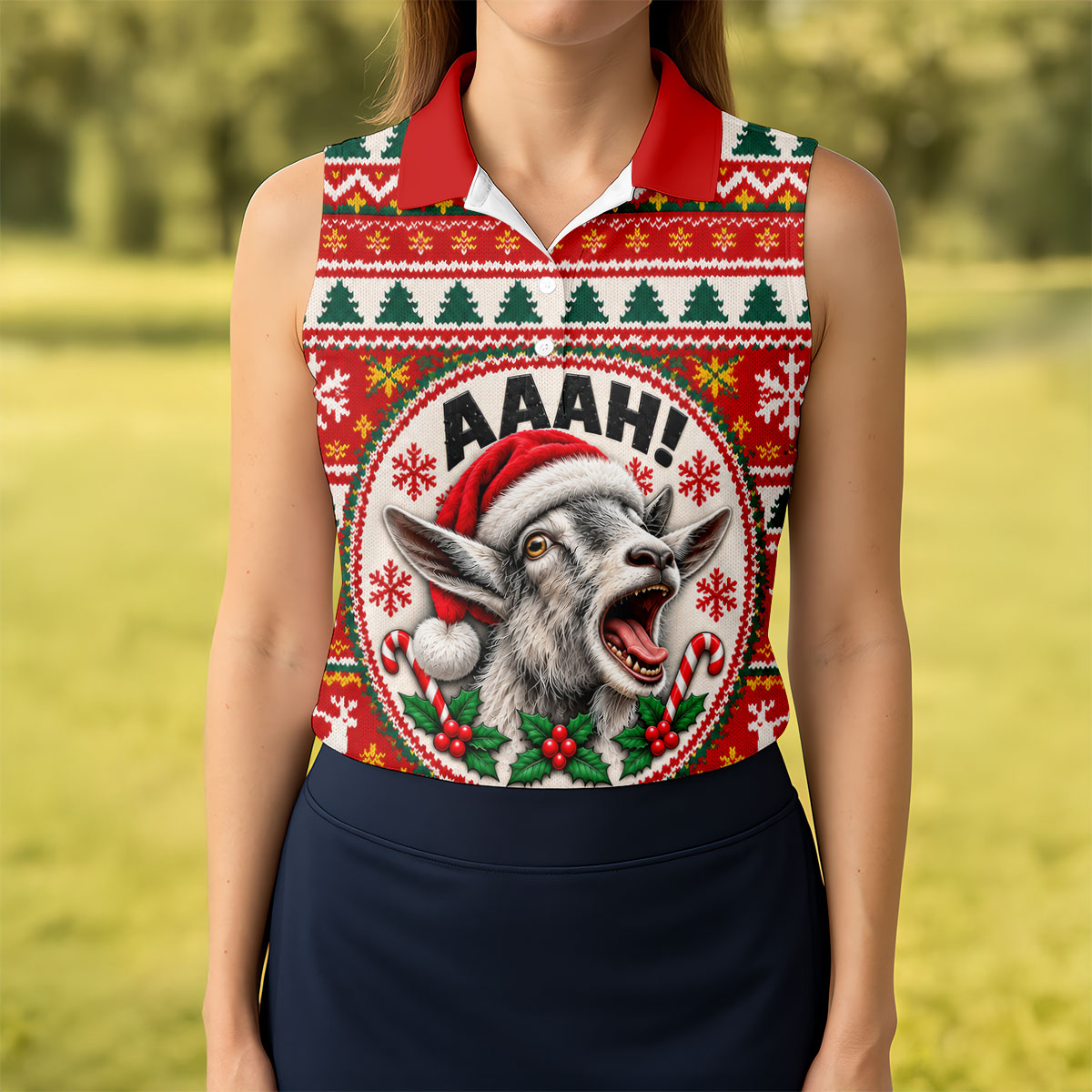 Funny Screaming Goat Christmas Golf Shirt, Ladies Golf Shirts, Golf Tops For Women