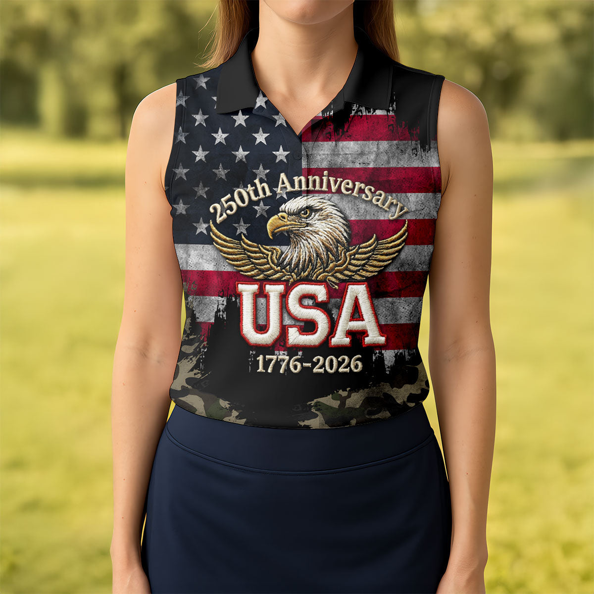 250th Anniversary Camo Golf Shirt, Distressed US Flag Patriotic 4th Of July Golf Shirt For Women