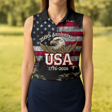 250th Anniversary Camo Golf Shirt, Distressed US Flag Patriotic 4th Of July Golf Shirt For Women