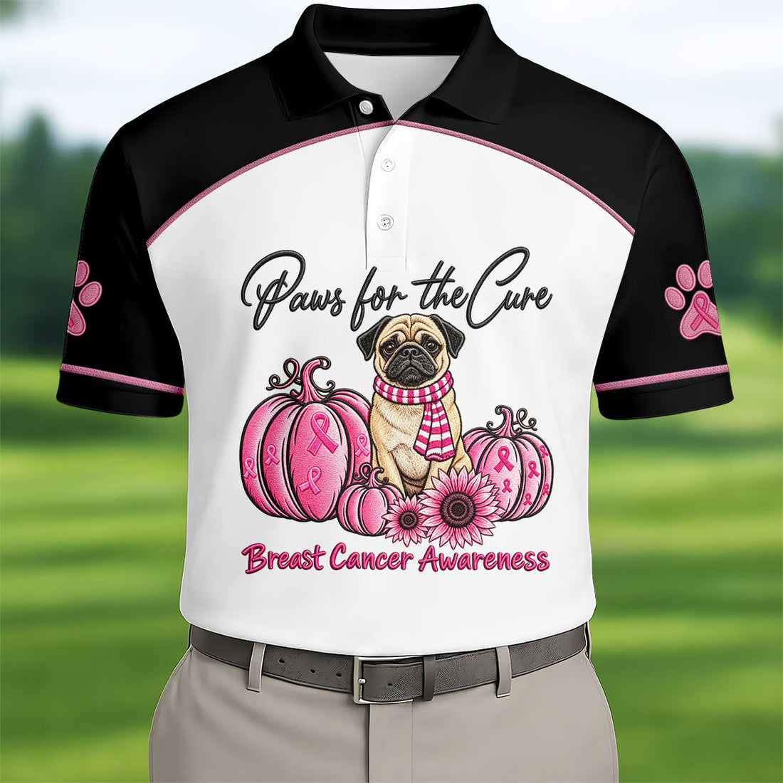 Paws For The Cure Pug Breast Cancer Polo Shirt, Golf Shirts For Men, Mens Golf Apparel