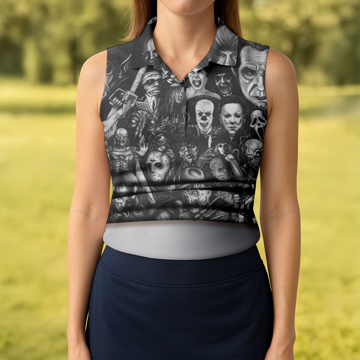 Stitched Skull Horror Character Halloween Polo Shirt, Women's Golf Tops, Ladies Golf Top
