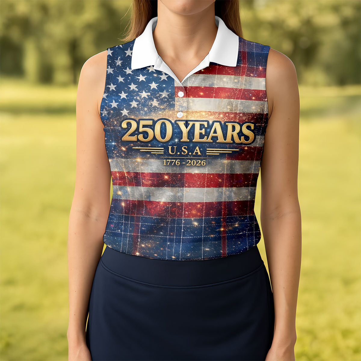 250 Years USA Galaxy Overlay Checkered Patriotic Golf Shirt, 4th Of July Golf Shirt For Women