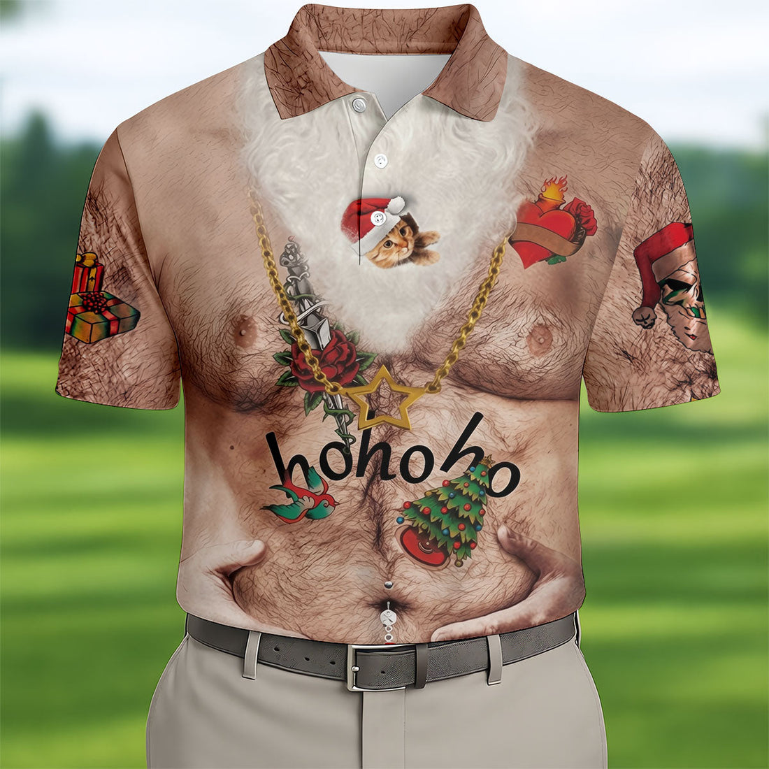 Men's Santa Beer Belly Costume Golf Shirt, Christmas Golf Shirt, Golf Apparel For Men