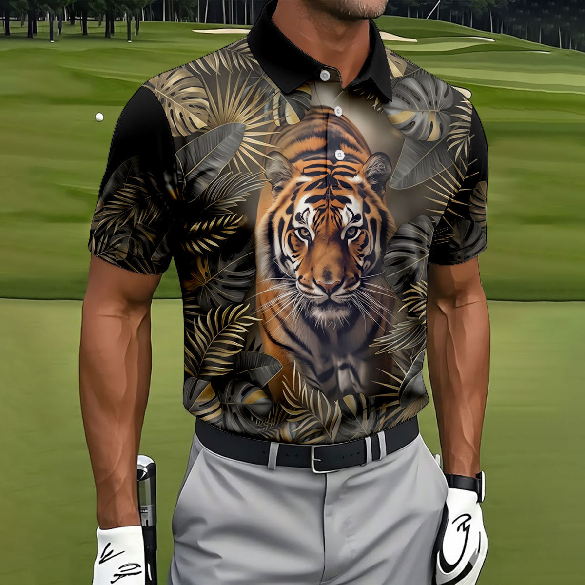 Majestic Tiger Tropical Golf Polo Shirt, Men's Golf Shirt, Golf Polo Shirts For Men