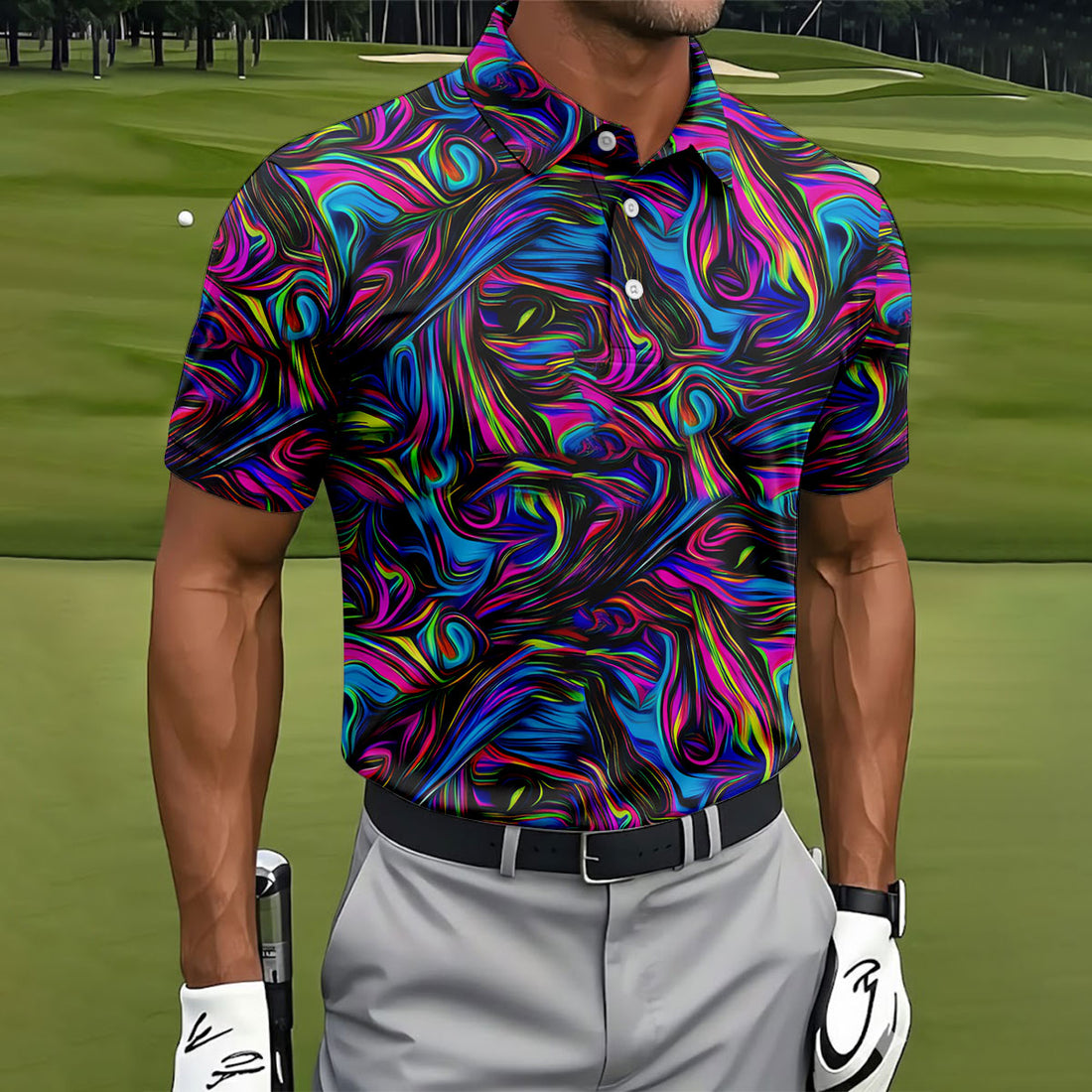 Vibrant Neon Liquid Marble Abstract Golf Shirt, Mens Golf Shirts, Golf Polo Shirts For Men