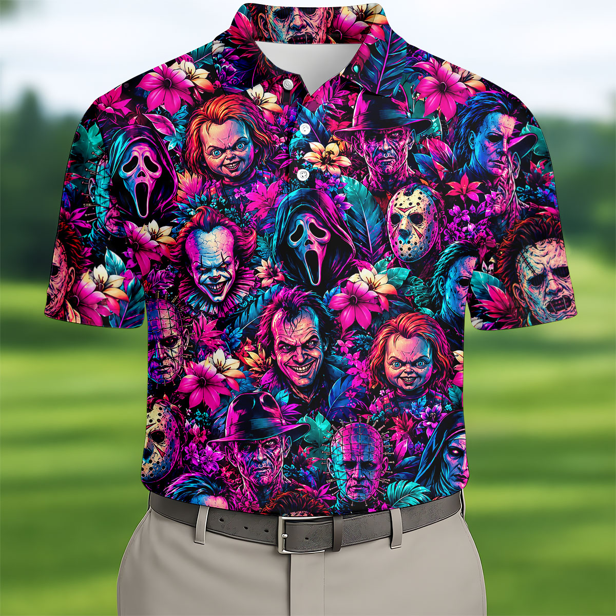 Neon Floral Horror Character Halloween Golf Shirt, Golf Shirts For Men, Mens Golf Apparel