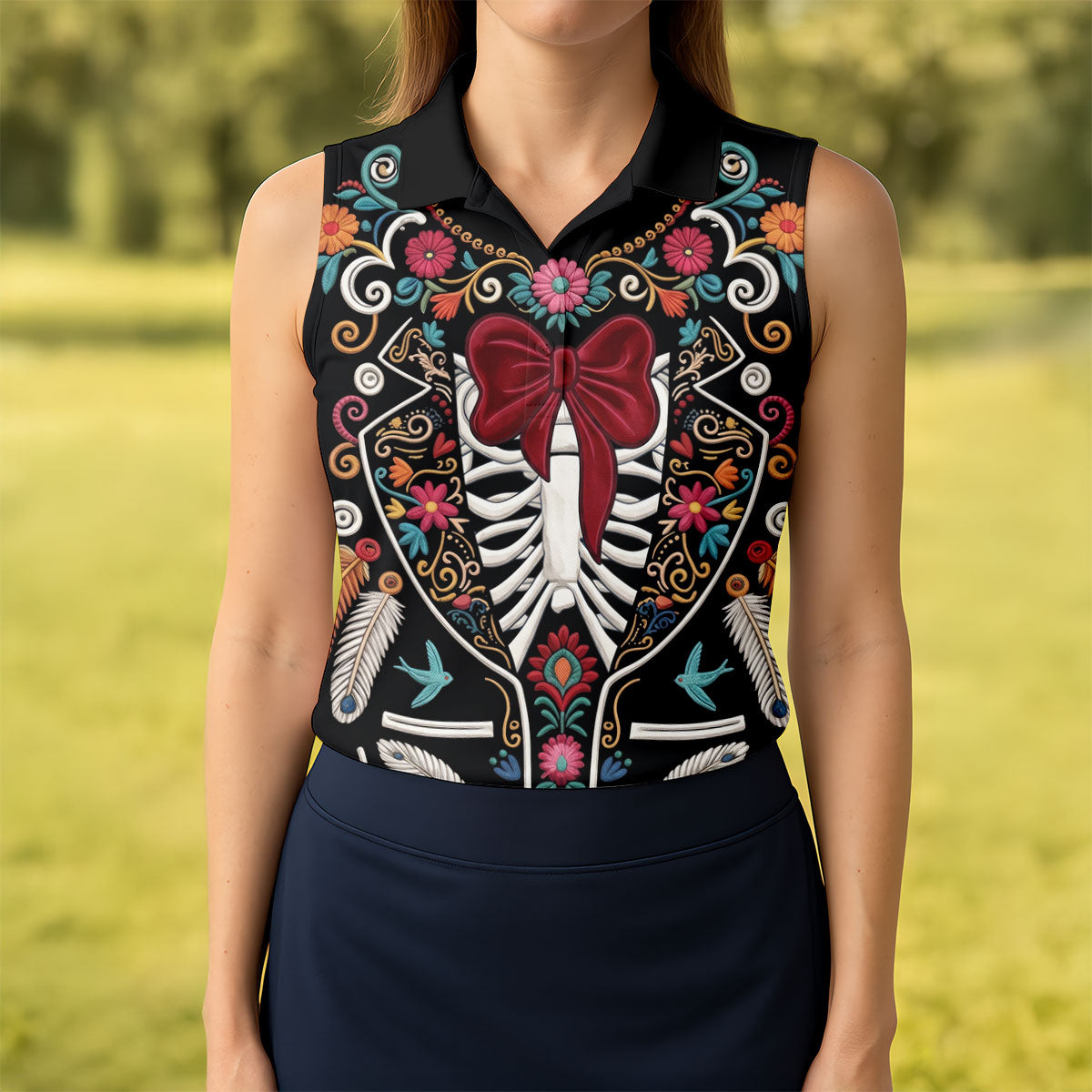Skeleton With Flower Cinco De Mayo Celebration Ladies Golf Tops, Fiesta Theme Golf Shirt For Women