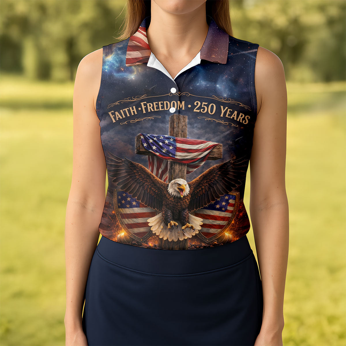 Faith Freedom 250 Years Galaxy Pattern US Flag Golf Shirt, Patriotic 4th Of July Golf Shirt For Women