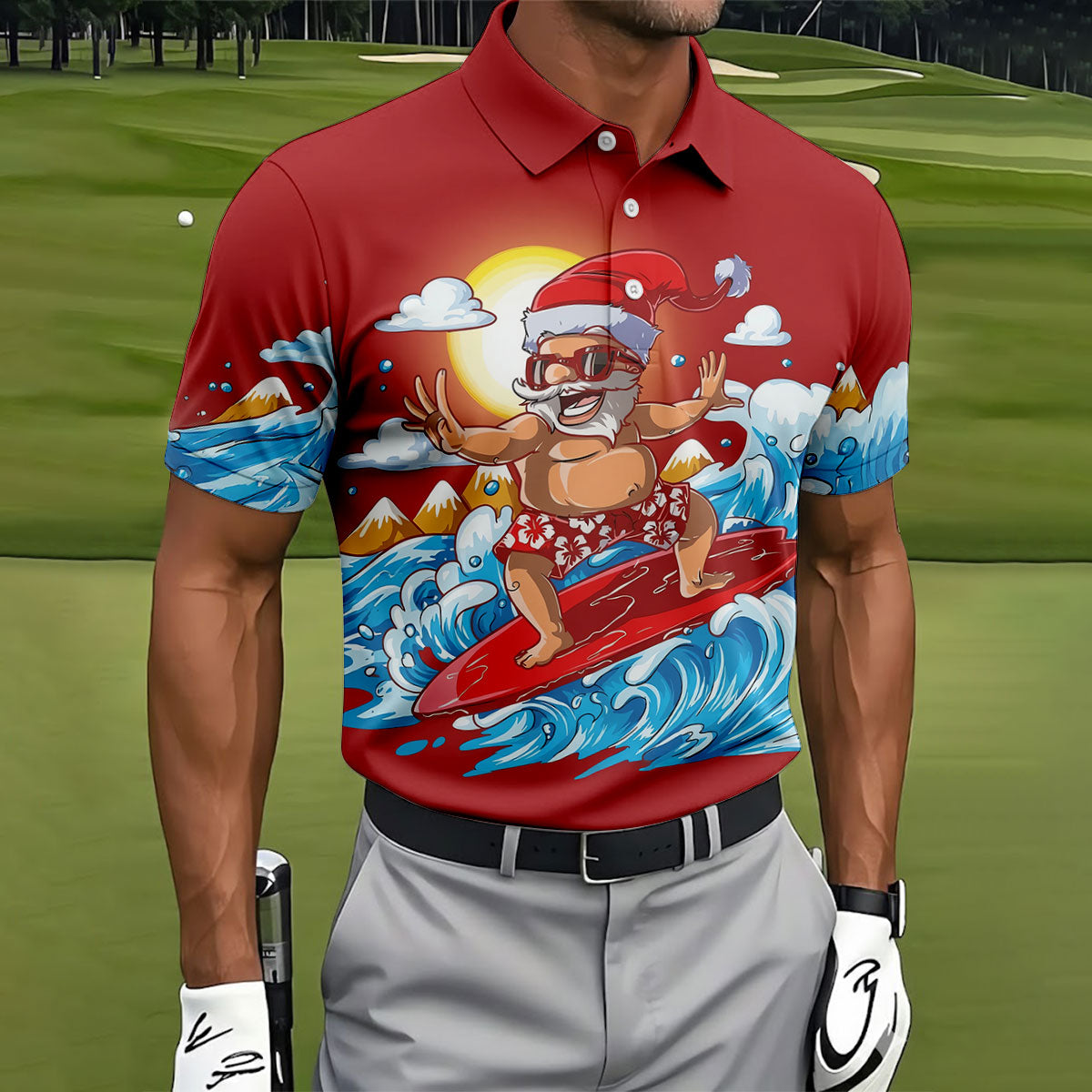 Men's Funny Santa Surfing Men's Golf Polo, Christmas Golf Shirt, Golf Apparel For Men