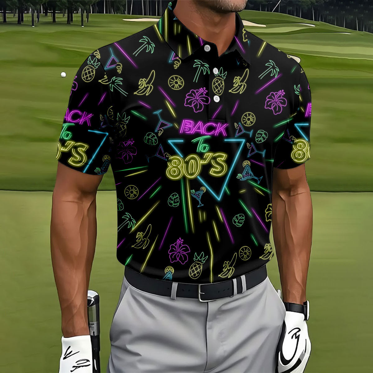 Back To 80's Neon Pattern Hawaiian Golf Shirt, Tropical Vibe Men's Funny Golf Shirts