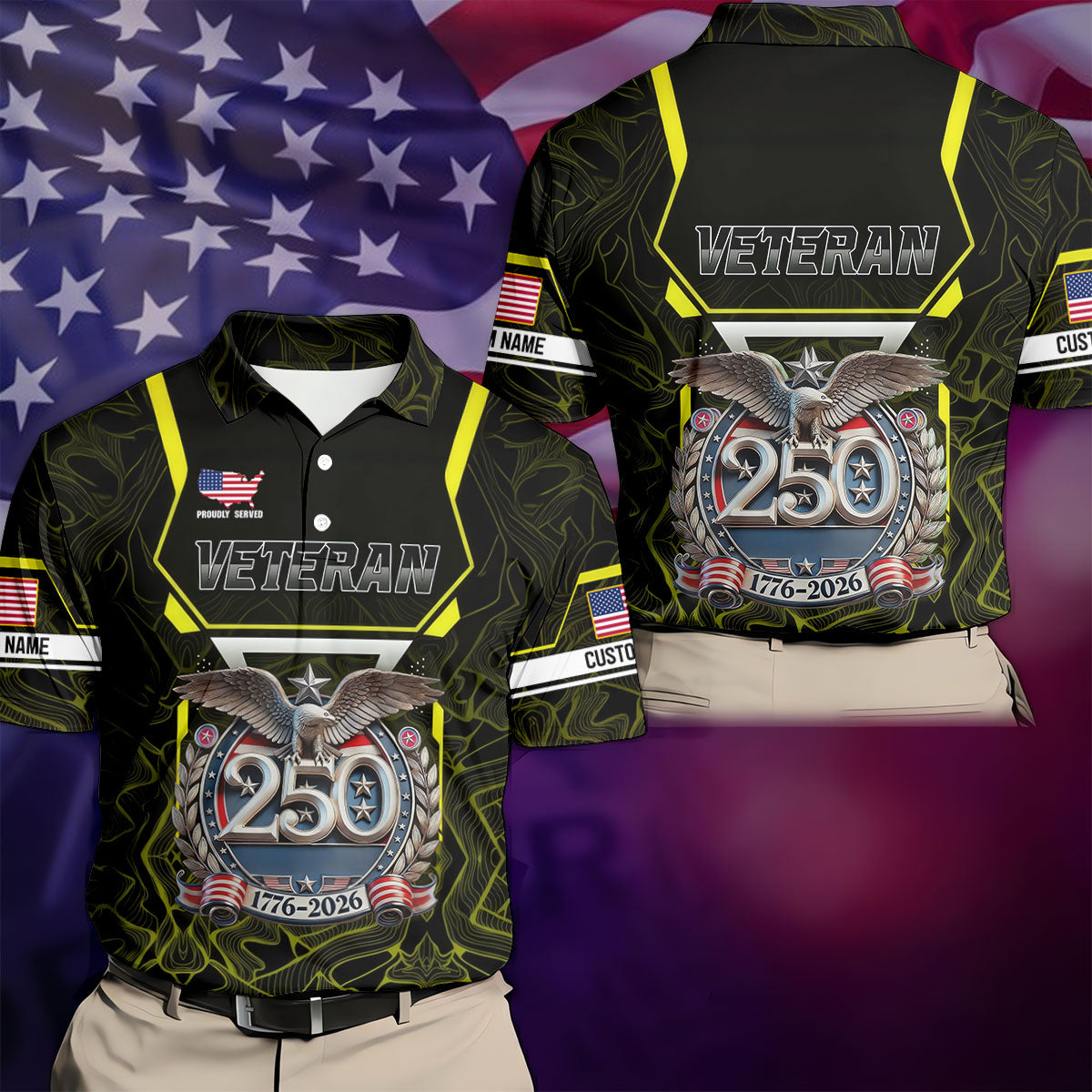 Personalized Veteran America 250 Polo Shirt Yellow Accent, Golf Shirts For Men, Mens Golf Apparel