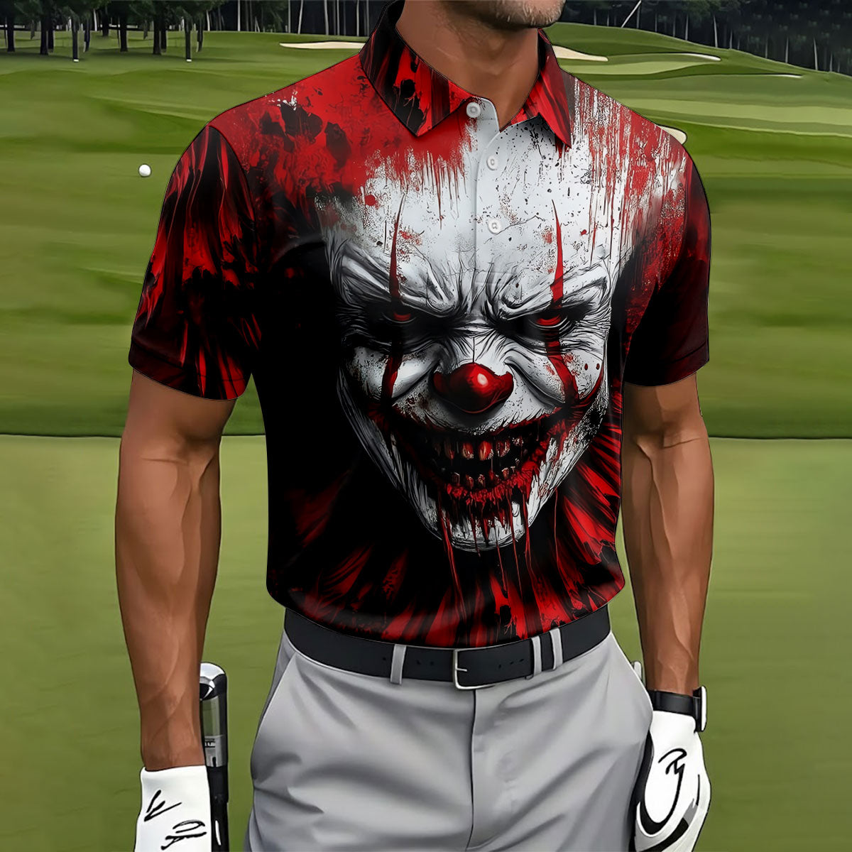 Scary Evil Clown Halloween Golf Polo Shirt, Men's Golf Shirt, Hawaiian Golf Shirt