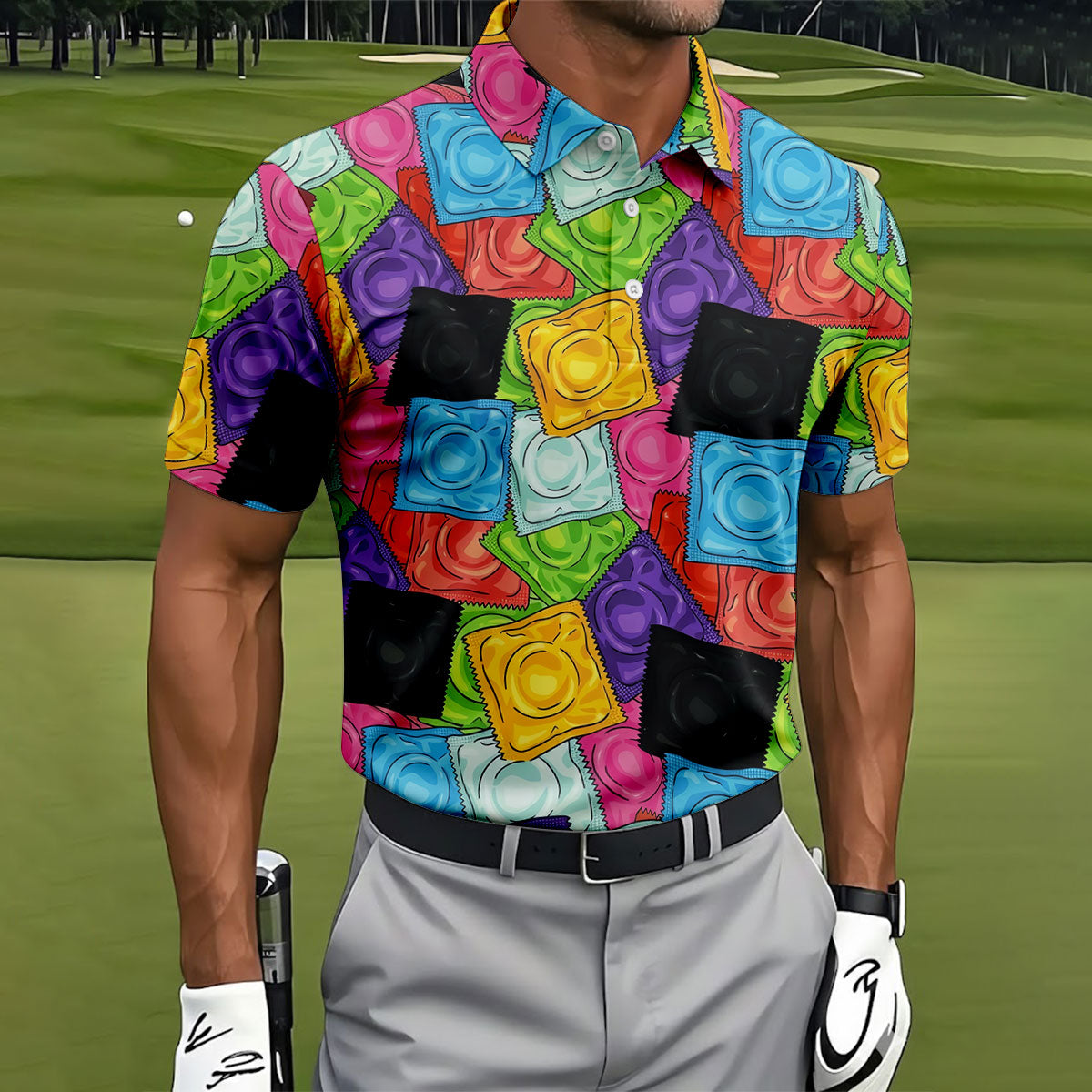 Funny Condom Wrapper Pattern Golf Polo Shirt, Men's Golf Shirts, Novelty Golf Apparel For Men