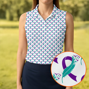 Suicide Awareness Feather Ribbon Pattern Women’s Golf Polo, Golf Tops For Women
