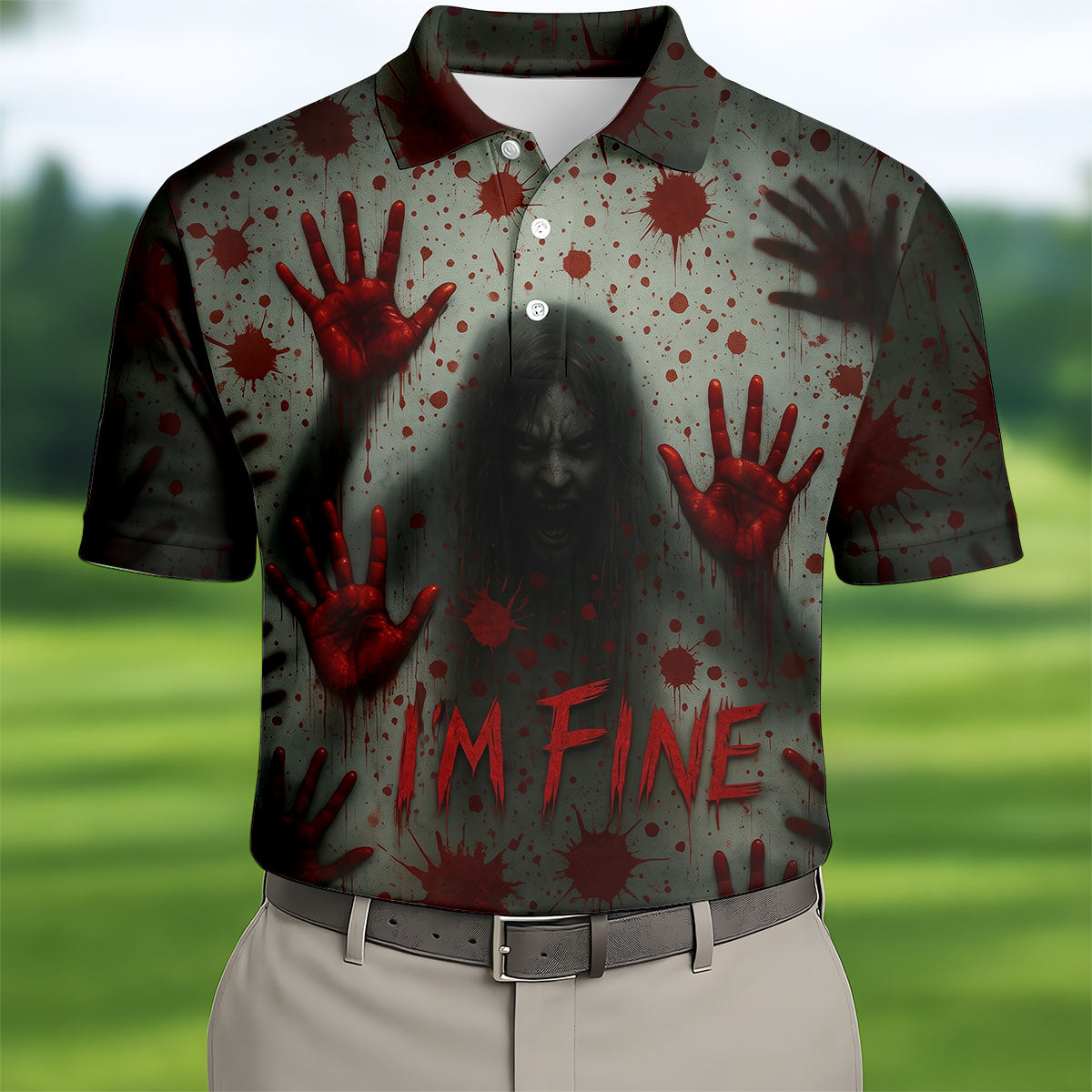 I'm Fine Horror Blood Hand Ghost Halloween Golf Polo Shirt, Printed Golf Shirts For Men