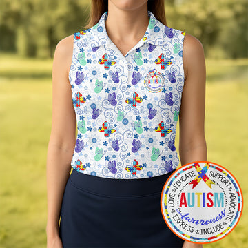 Autism Awareness Colors Puzzles Butterfly Floral Golf Shirt, Women's Golf Tops, Ladies Golf Shirts