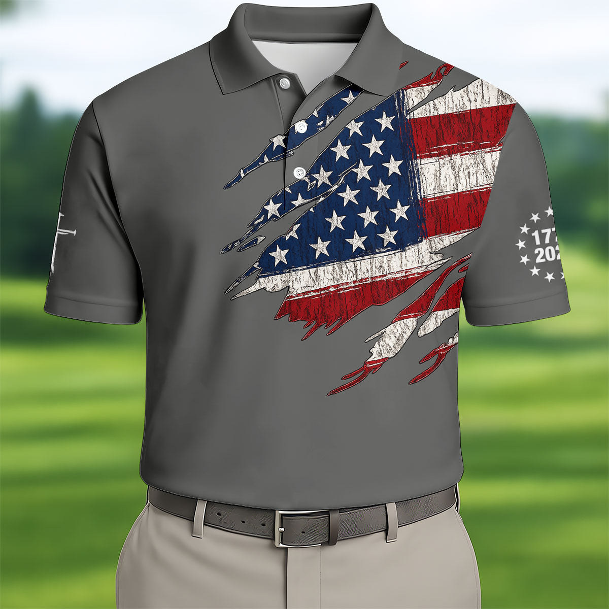 250th Anniversary Faith Cross Distressed USA Flag 4th Of July Golf Shirt, Patriotic Golf Shirt, Polo For Men