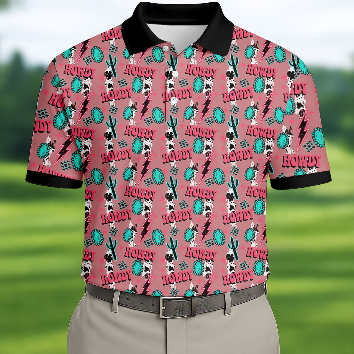 Howdy Pink Lightning Bolts Western Theme Golf Tops For Men, Polo Shirts For Men, Golf Shirts For Men