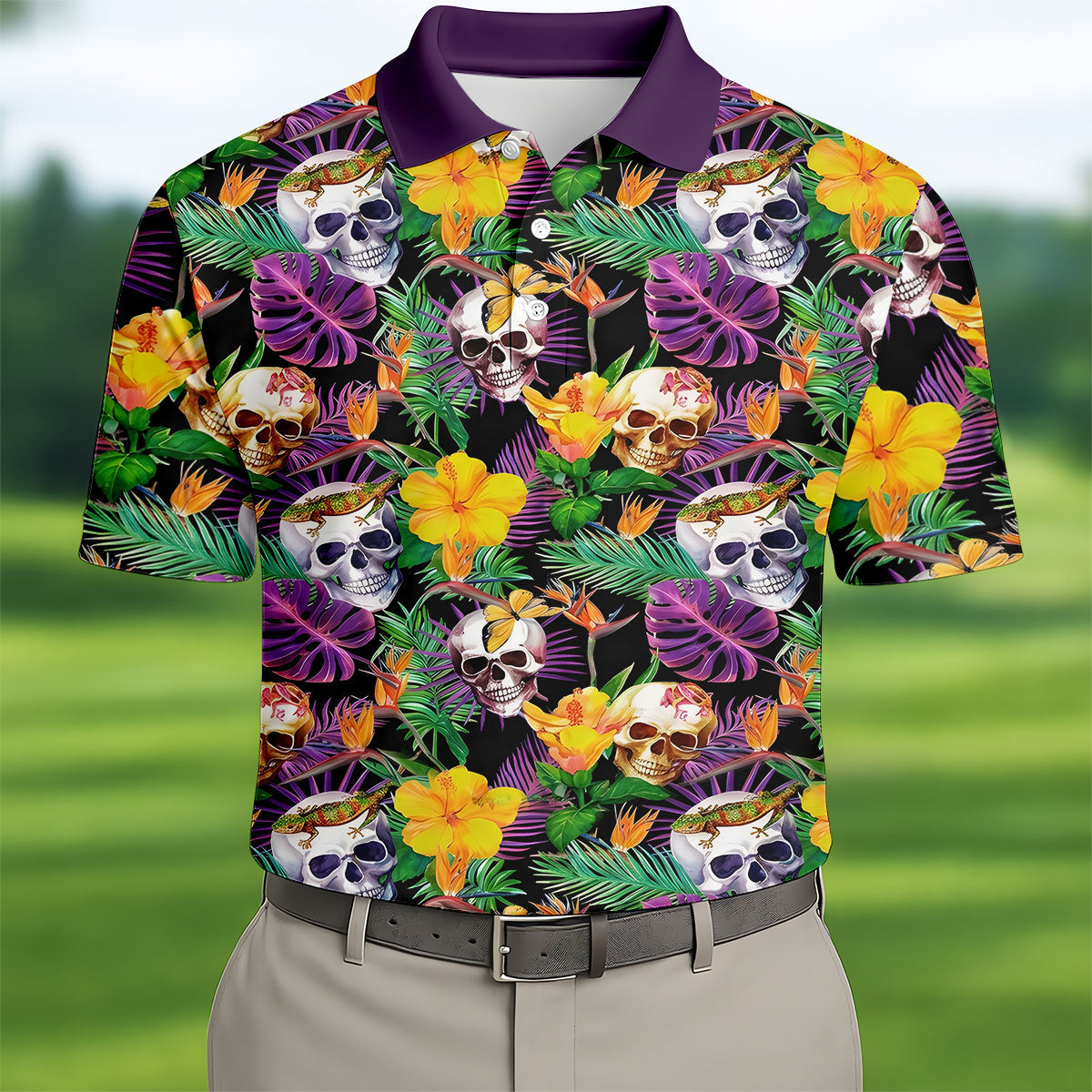 Tropical Sugar Skull Floral Golf Polo Shirt, Golf Shirts For Men, Printed Golf Shirts