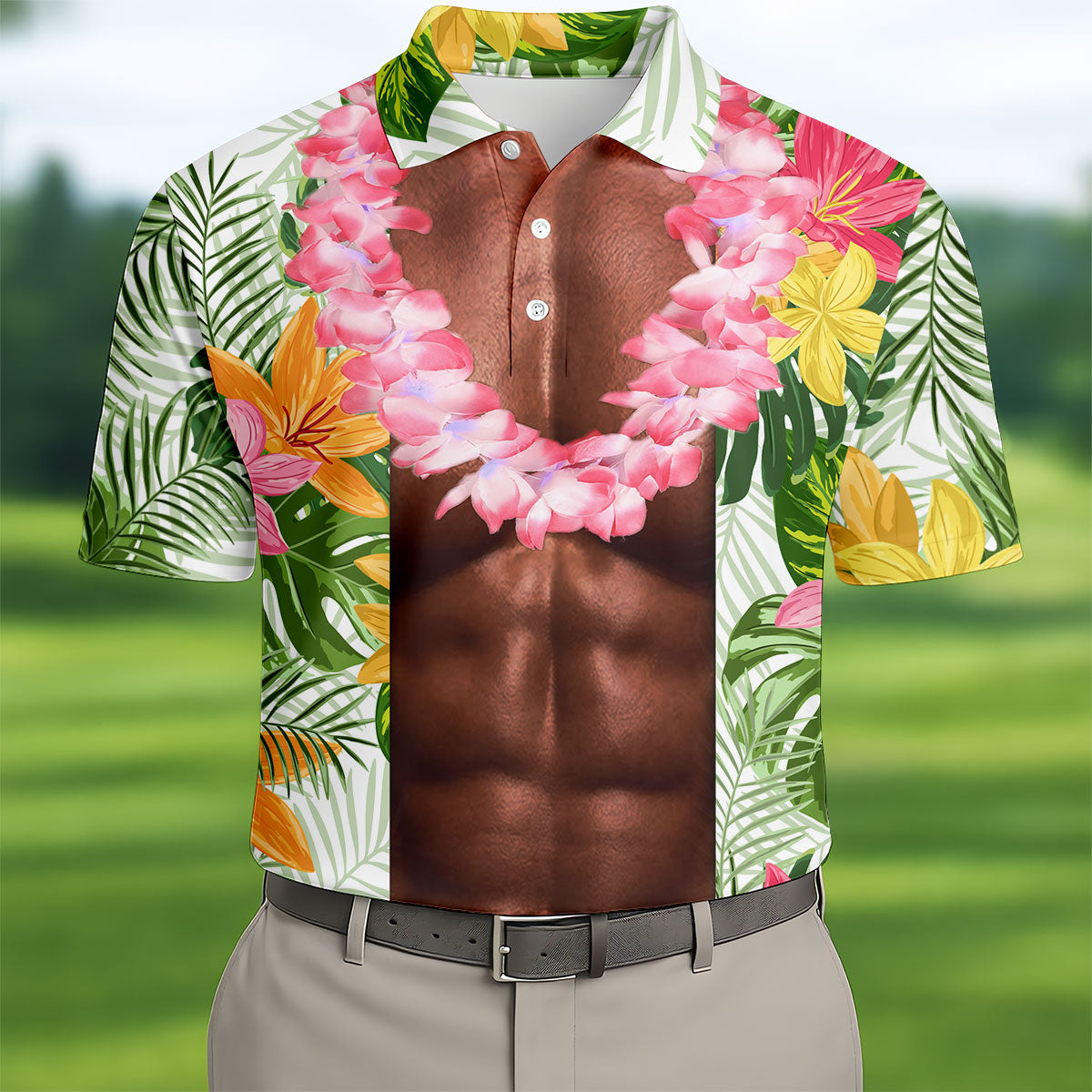 Tan Skin Tropical Muscle Chest Hawaiian Golf Polo Shirt, Golf Apparel For Men, Printed Golf Shirts