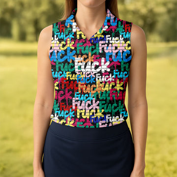 Bold Colorful Fuck Graffiti Typography Golf Shirt, Women's Golf Tops, Golf Shirts For Women