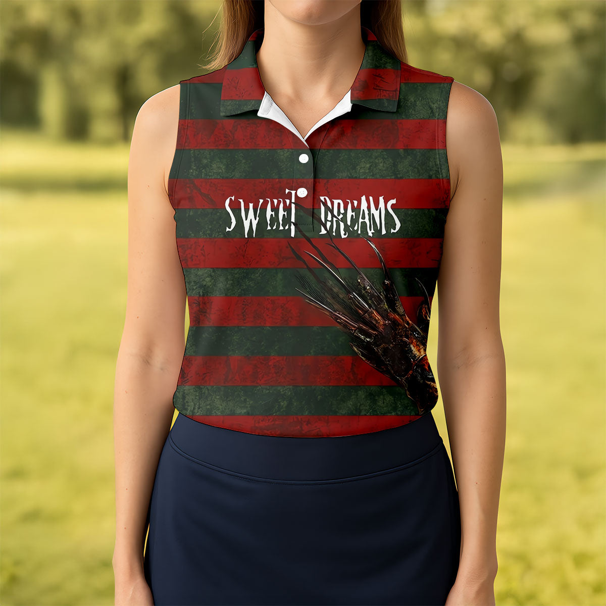Sweet Dreams Horror Striped Golf Polo Shirt, Women’s Golf Polo, Printed Golf Shirt
