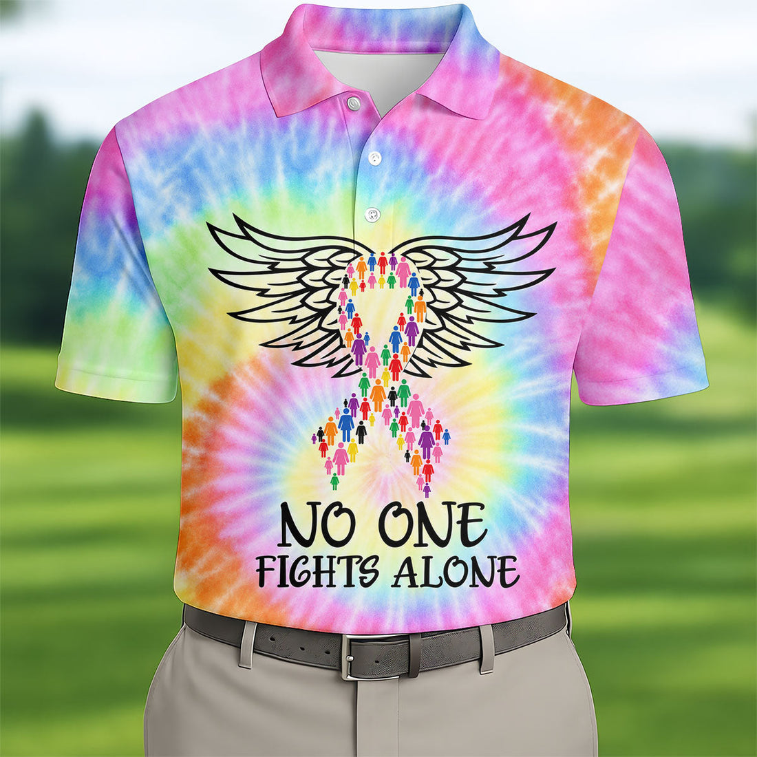 No One Fights Alone Cancer Ribbon Wings Polo Shirt, Golf Shirts For Men, Mens Golf Shirts