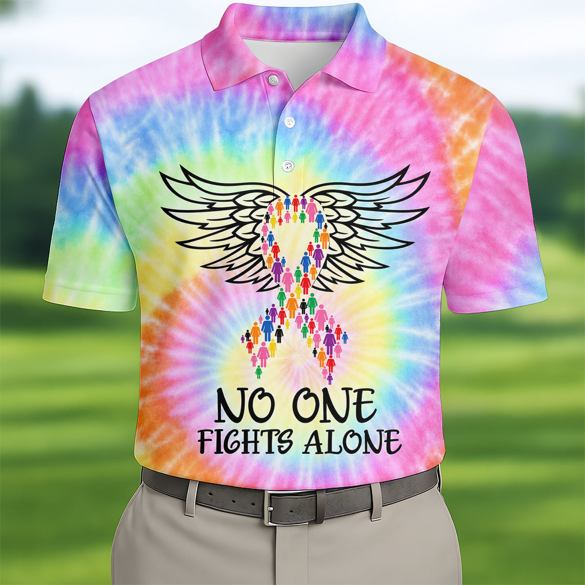 No One Fights Alone Cancer Ribbon Wings Polo Shirt, Golf Shirts For Men, Mens Golf Shirts