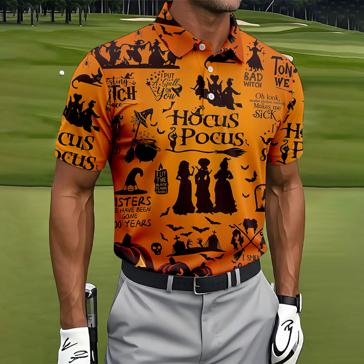 Hocus Pocus Horror Character Halloween Golf Polo Shirt, Spooky Shirt, Mens Golf Polo