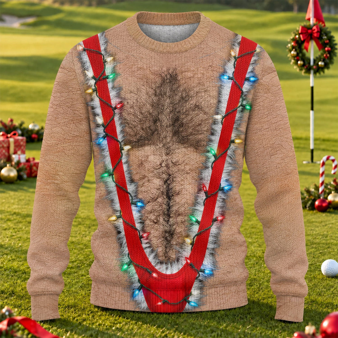 Hairy Chest Lights Print Sweater, Christmas Golf Shirt For Men, Ugly Christmas Sweater