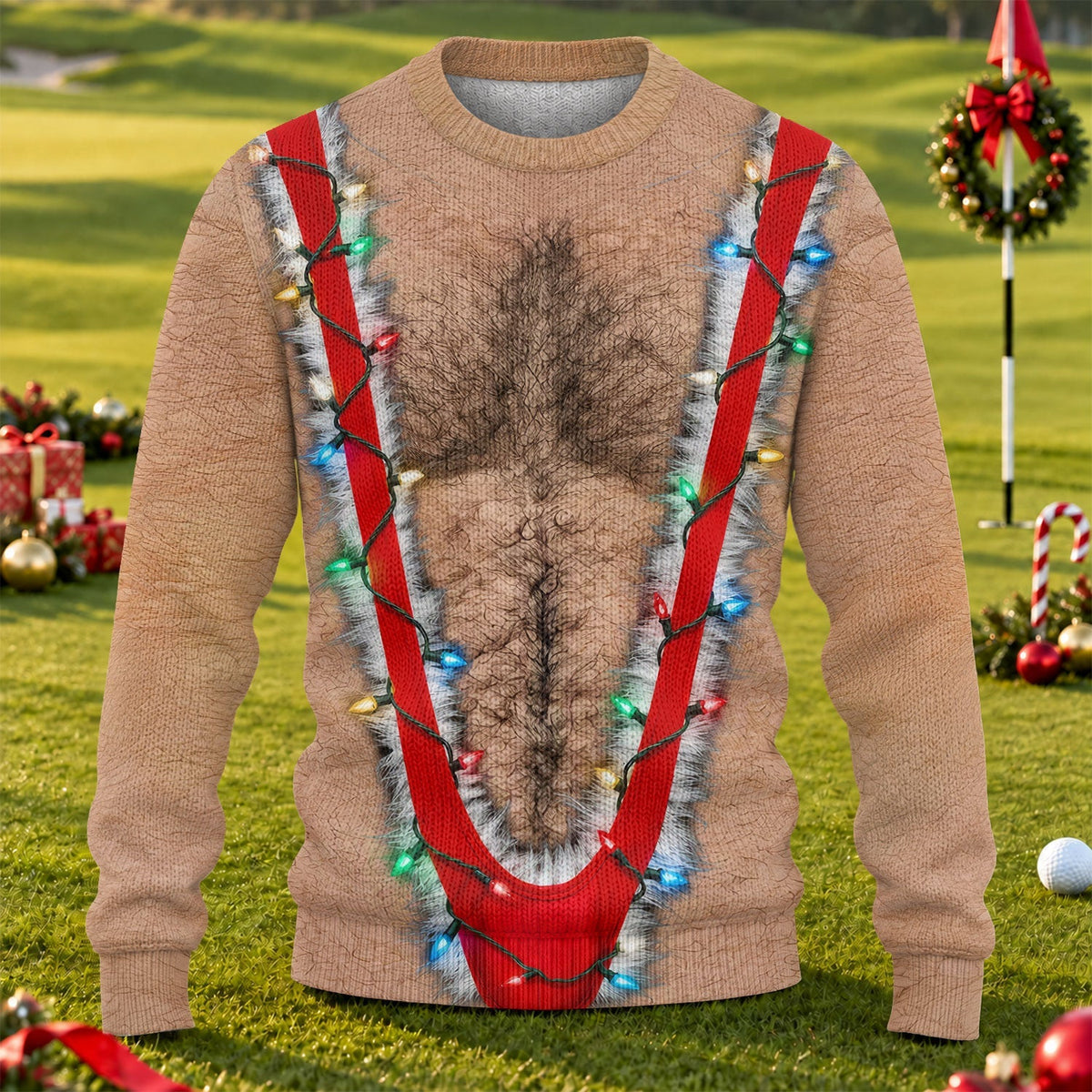 Hairy Chest Lights Print Sweater, Christmas Golf Shirt For Men, Ugly Christmas Sweater