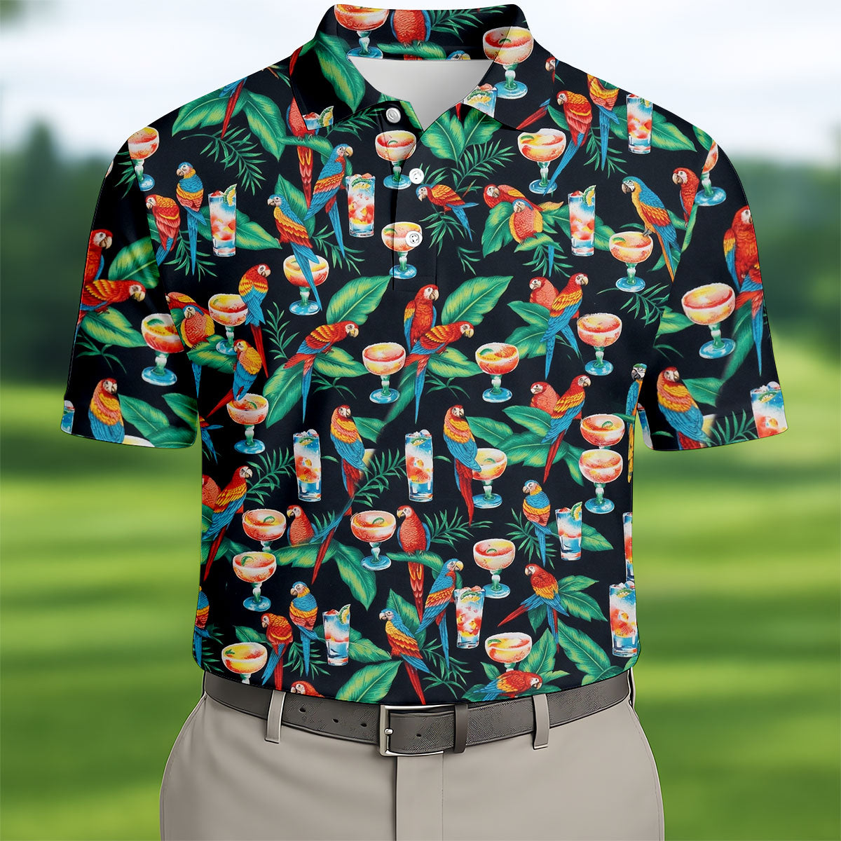 Colorful Parrots Margaritas Cinco De Mayo Celebration Fiesta Themed Tropical Pattern Golf Shirts For Men