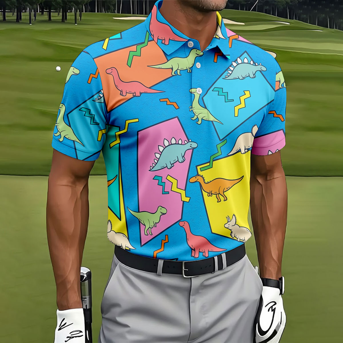Retro Colorful Dinosaur Pattern Golf Shirt, Men's Golf Shirt, Golf Apparel For Men