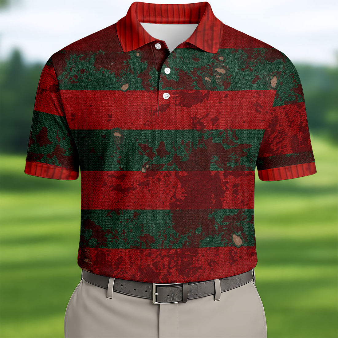 Distressed Red Green Horror Knit Golf Polo Shirt, Men's Golf Shirt, Hawaiian Golf Shirt