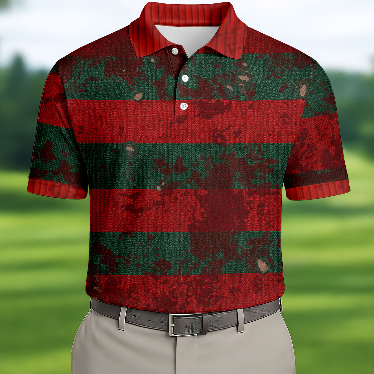 Distressed Red Green Horror Knit Golf Polo Shirt, Men's Golf Shirt, Hawaiian Golf Shirt