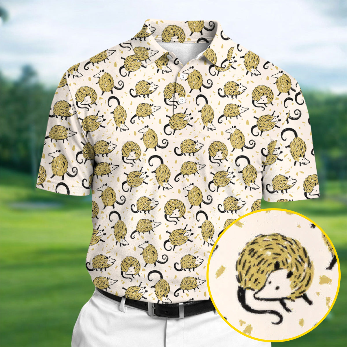 Cute Opossum Seamless Pattern Golf Tops For Men, Cute Golf Outfit, Polo Shirts For Men