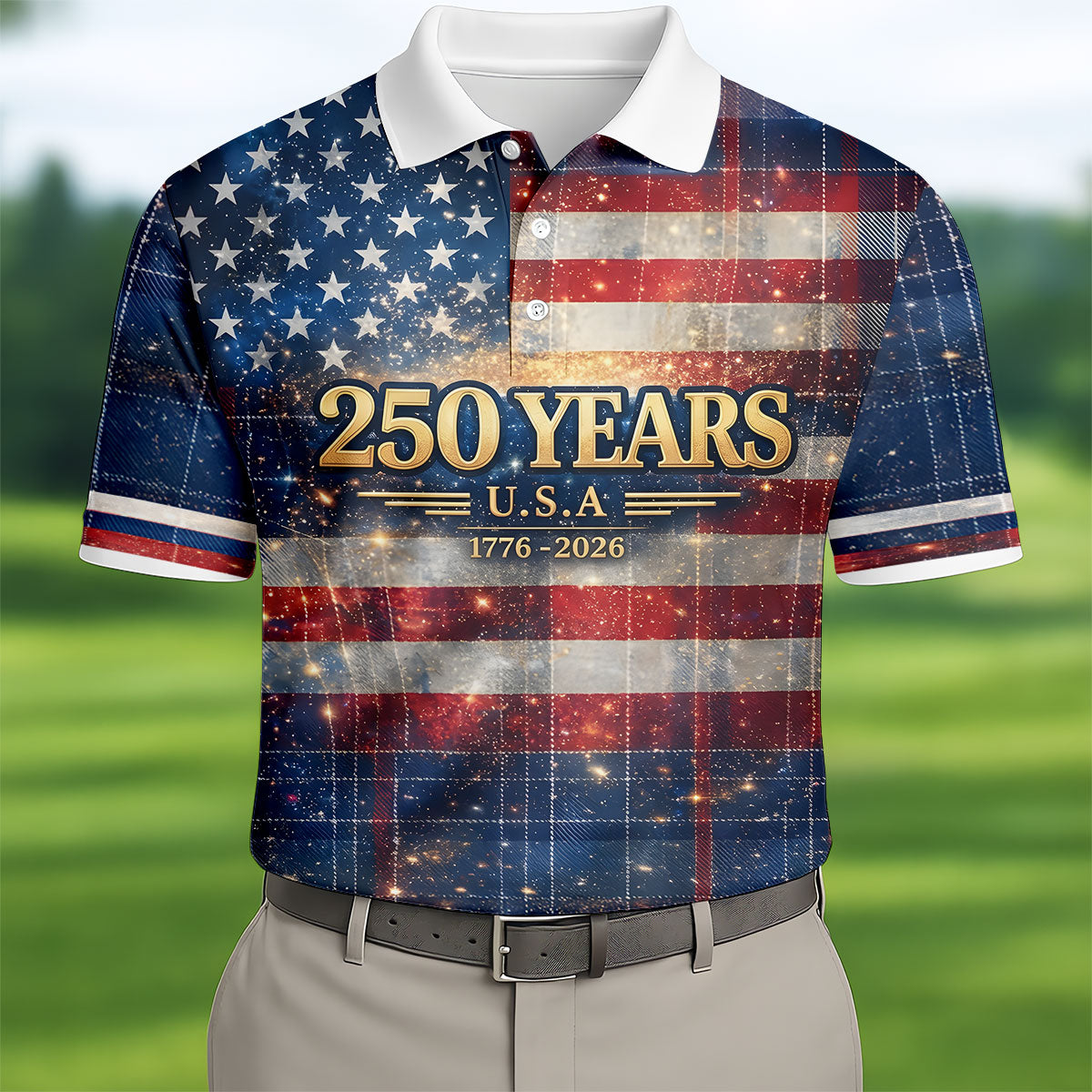 250 Years USA Galaxy Overlay Checkered Patriotic Golf Shirt, 4th Of July Golf Shirts For Men