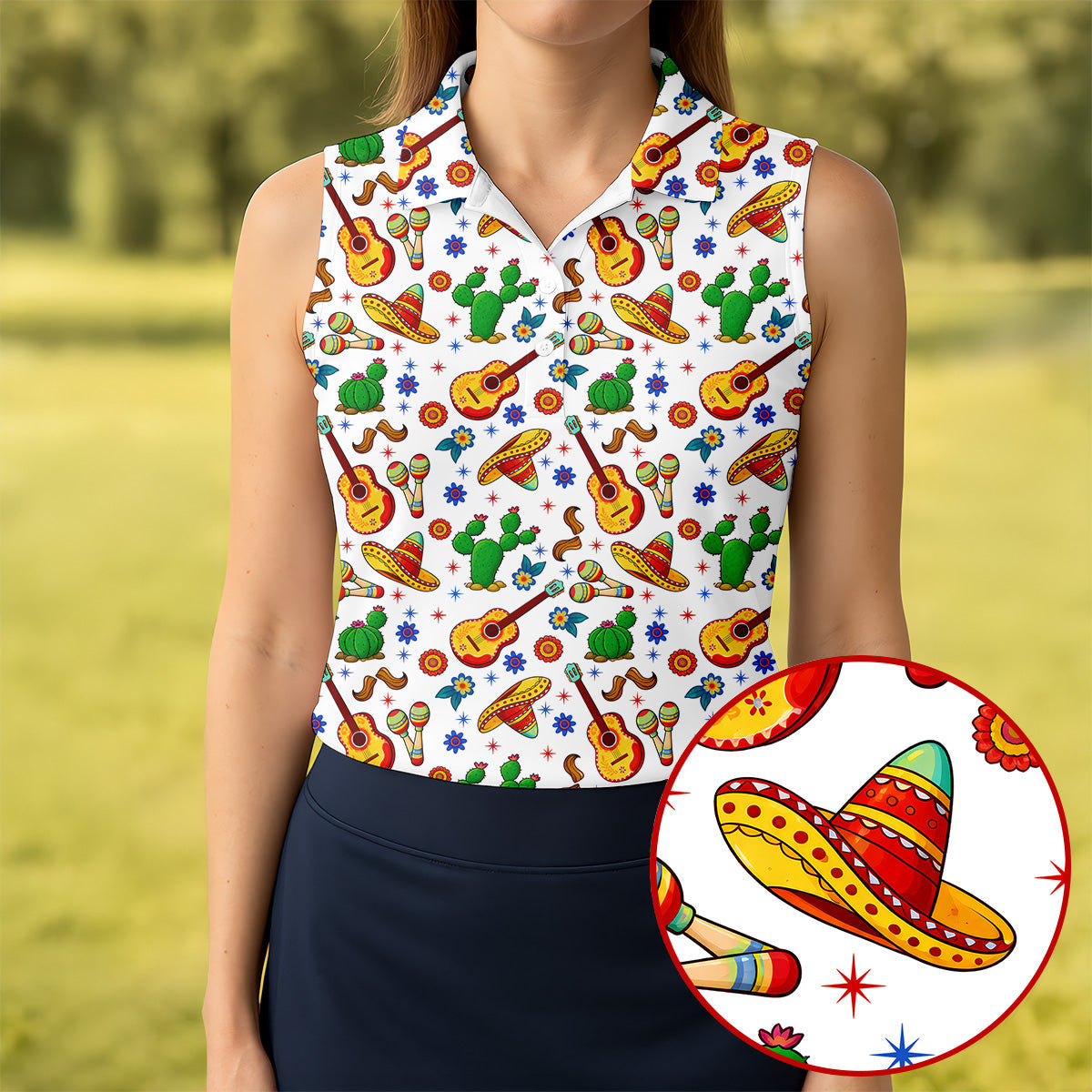 Mexican Party Seamless Pattern Ladies Golf Tops, Cinco De Mayo Celebration Golf Shirt For Women