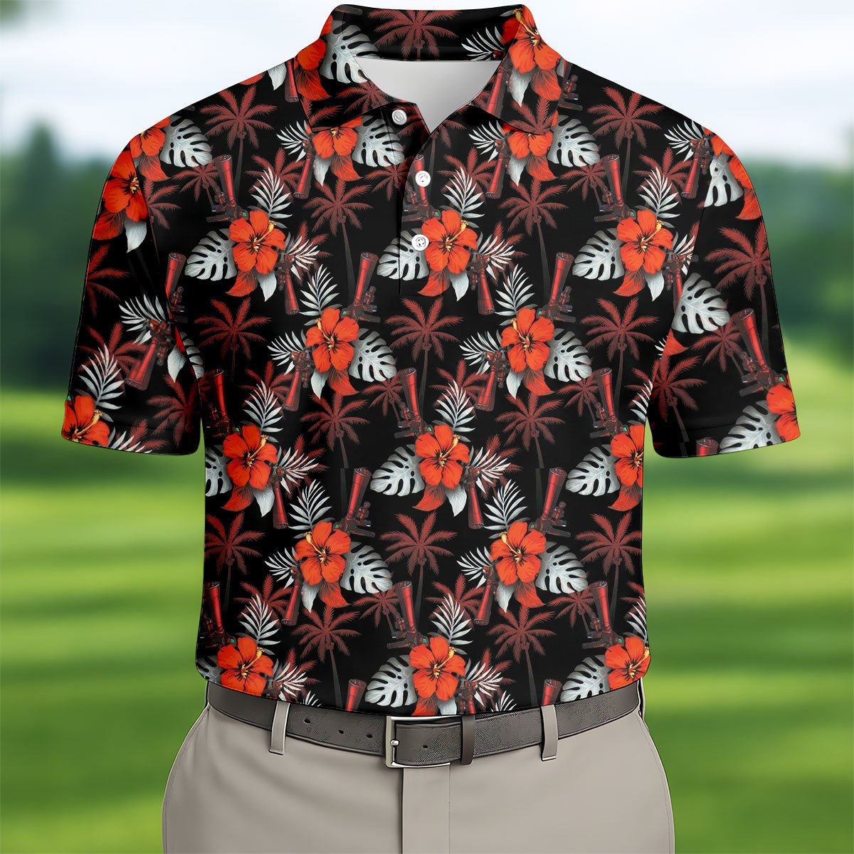 Orange Hibiscus Black Hawaiian Golf Shirt, Summer Vibe Golf Shirts For Men