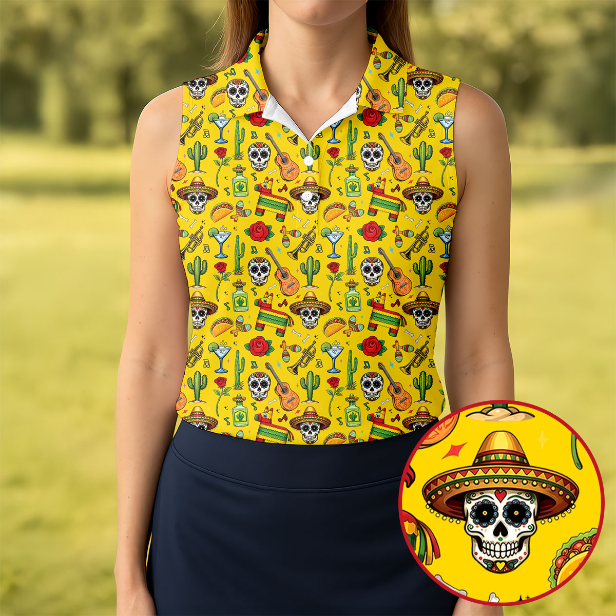 Decorated Skulls Party Items Cinco De Mayo Celebration Fiesta Themed Yellow Golf Shirt For Women