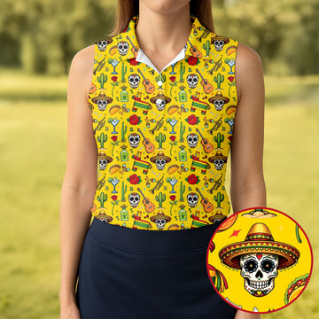 Decorated Skulls Party Items Cinco De Mayo Celebration Fiesta Themed Yellow Golf Shirt For Women