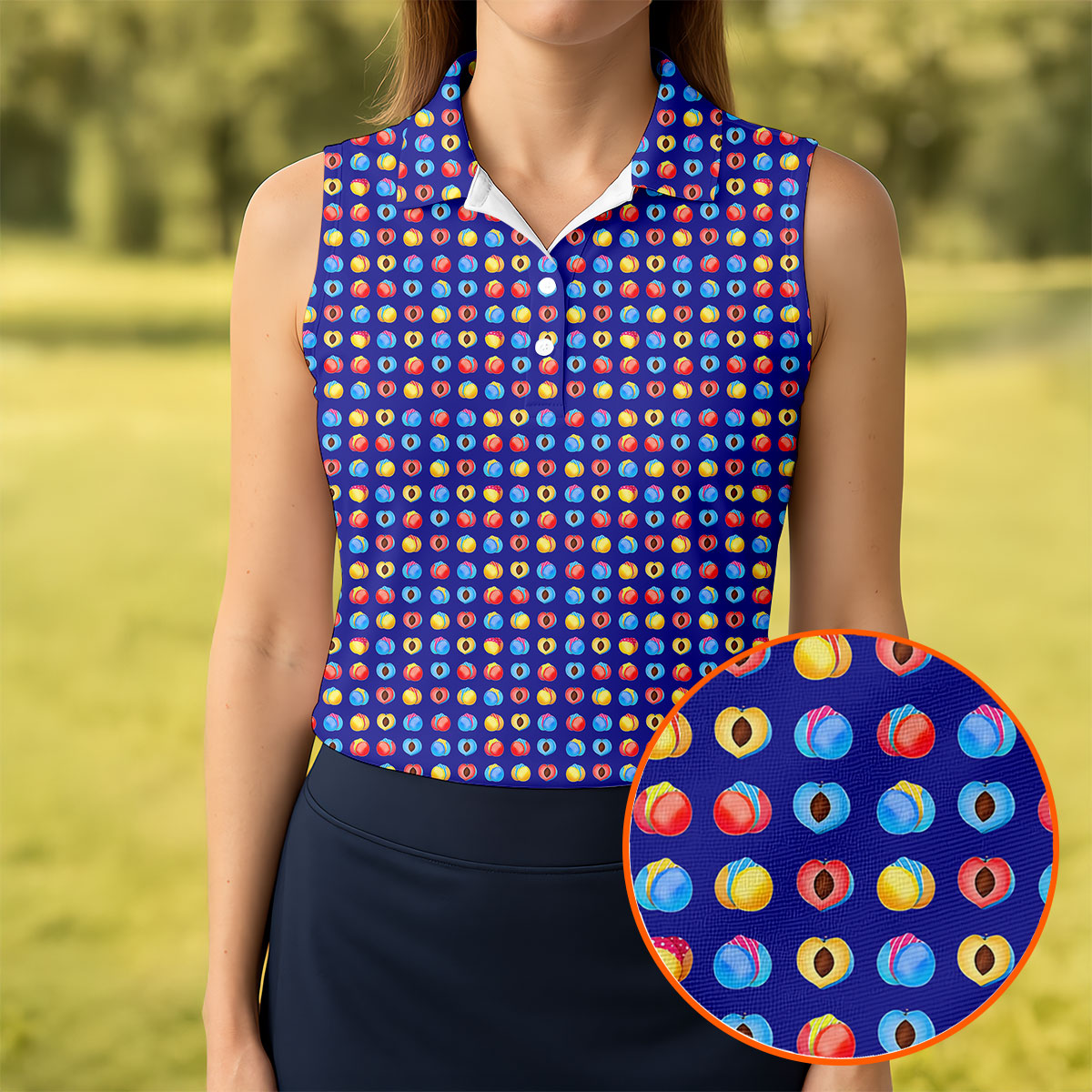 Funny Peach Emoji Pattern Golf Polo Shirt, Women's Golf Polo, Printed Golf Shirt
