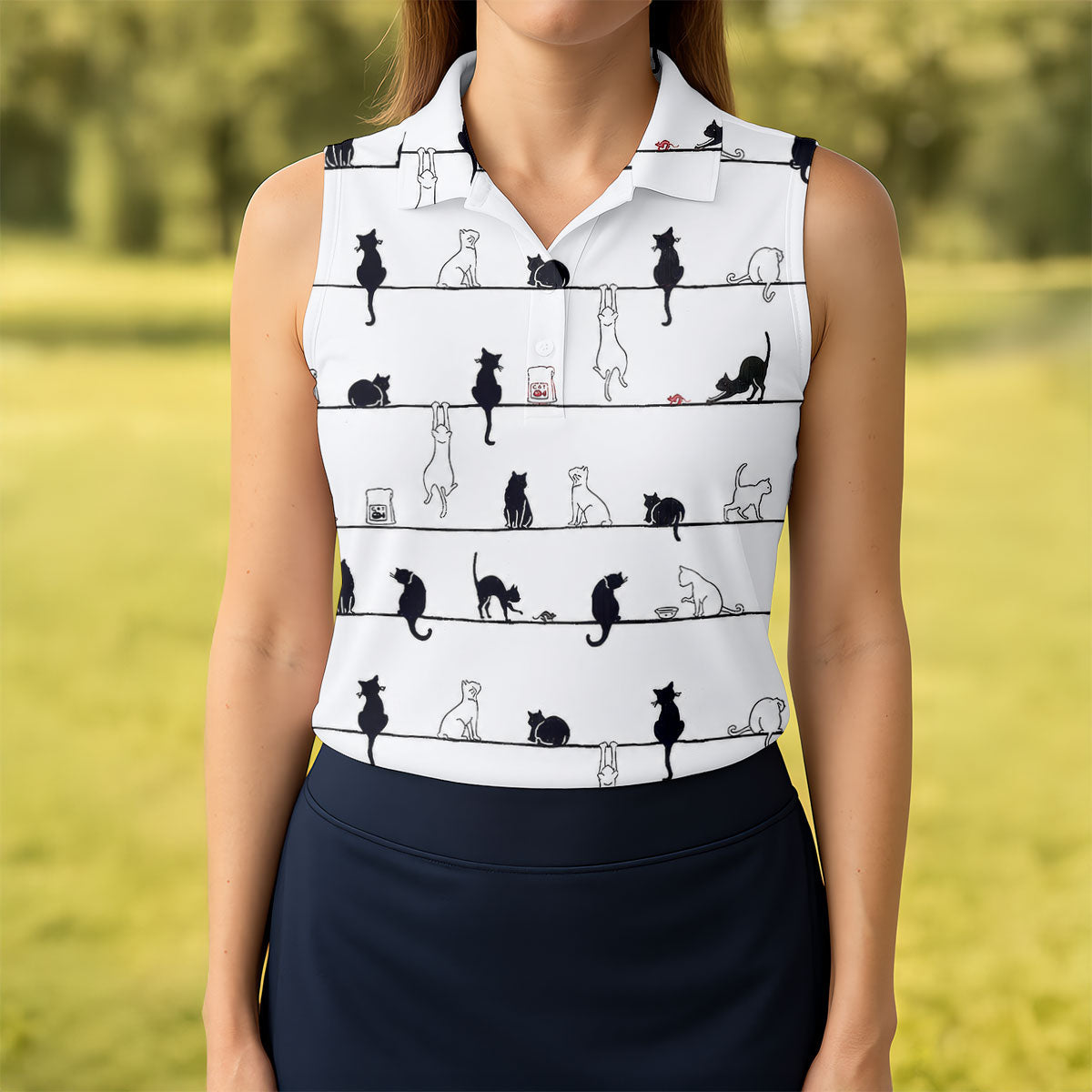 Cute Black and White Cats Pattern Golf Shirt, Women's Golf Tops, Golf Shirts For Women