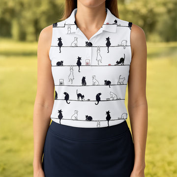 Cute Black and White Cats Pattern Golf Shirt, Women's Golf Tops, Golf Shirts For Women
